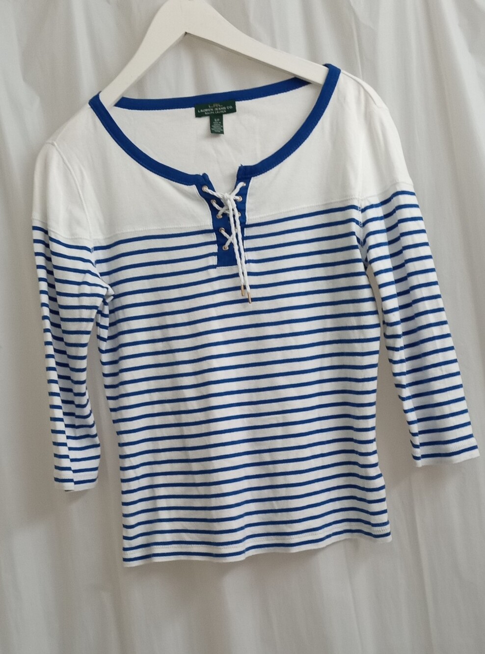 Ralph Lauren Nautical Breton Style Blue & White Striped Lace-Up Top- 17" Pit -L
